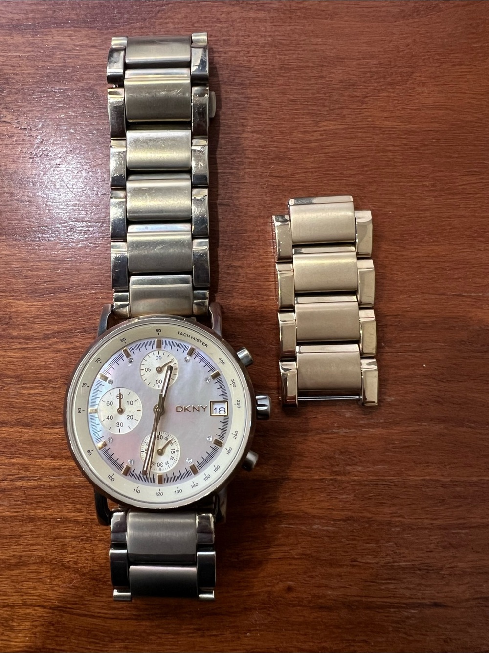 DKNY Silver Stainless Steel Women's Chronograph Watch with Mother-of-Pearl Dial